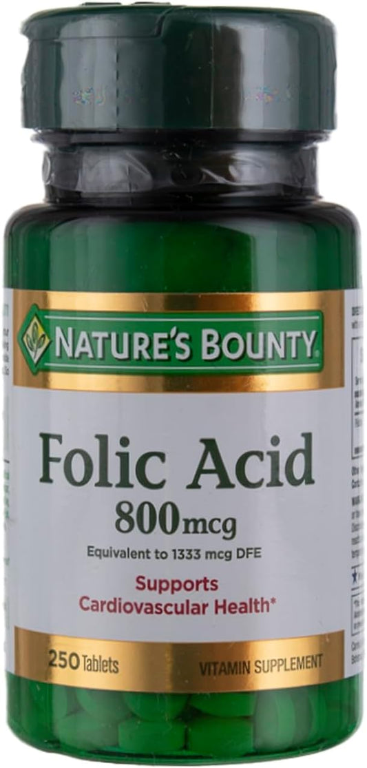Nature's Bounty Folic Acid 800 mcg Tablets - High Potency 250 Count
