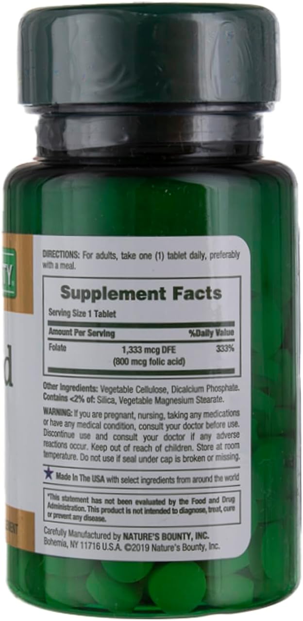 Nature's Bounty Folic Acid 800 mcg Tablets - High Potency 250 Count