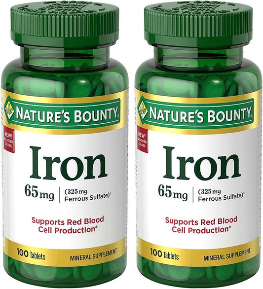 Nature's Bounty Iron Supplement 65 mg (325 mg Ferrous Sulfate) - Pack of 2 Bottles (100 Count)