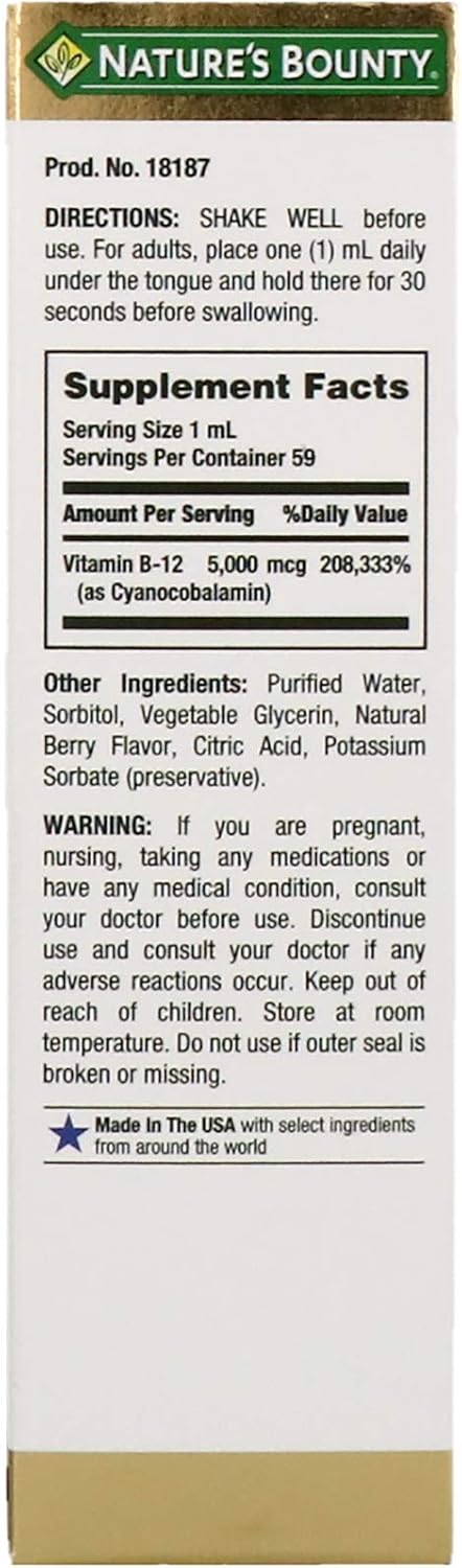 Nature's Bounty Super Strength B-12 5000mcg Liquid Supplement, 2 Oz - Pack of 2