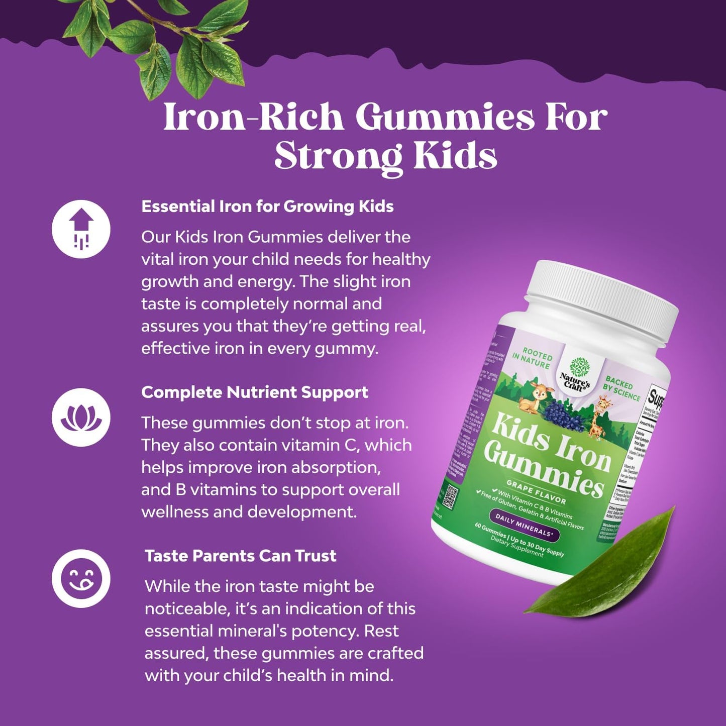 Natures Craft Kids Iron Gummies - Immune & Energy Support for Children - Vegan, Non-GMO, Gluten Free - 60 Count