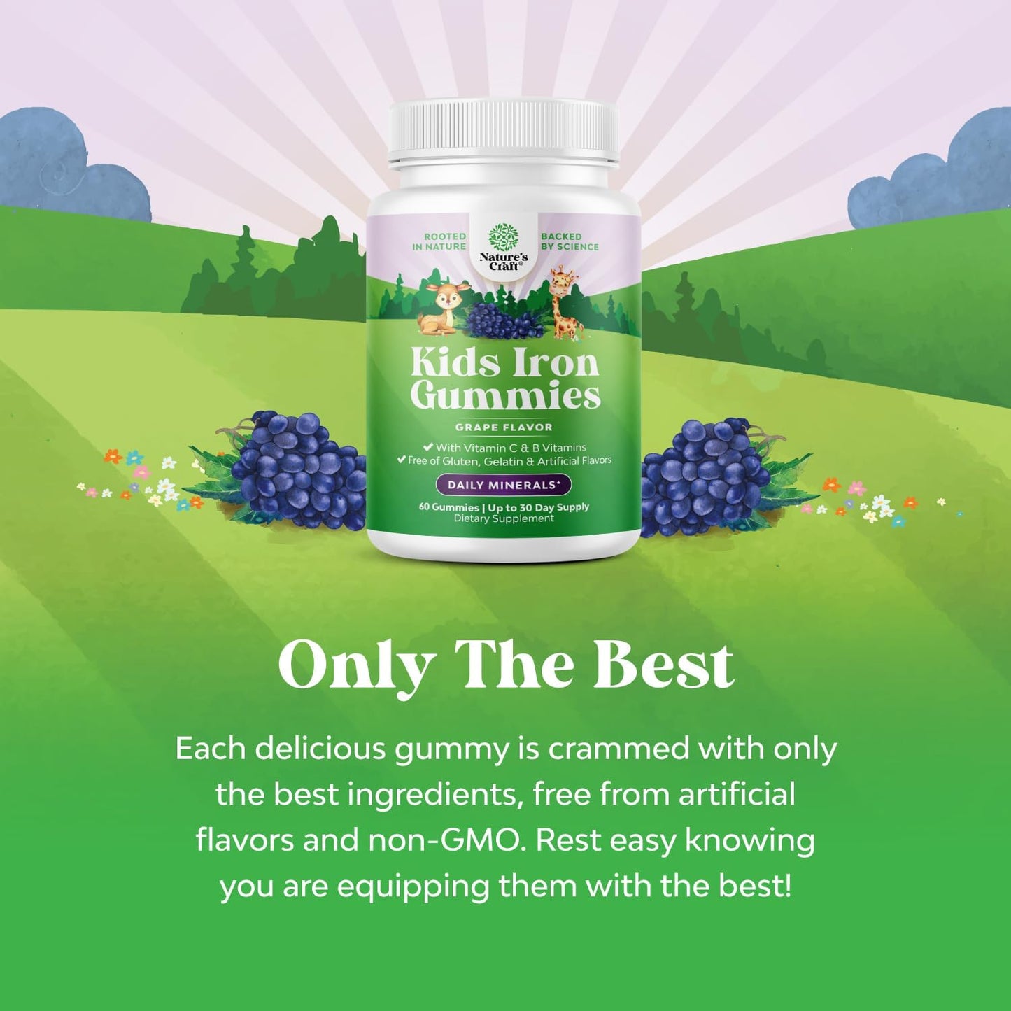 Natures Craft Kids Iron Gummies - Immune & Energy Support for Children - Vegan, Non-GMO, Gluten Free - 60 Count