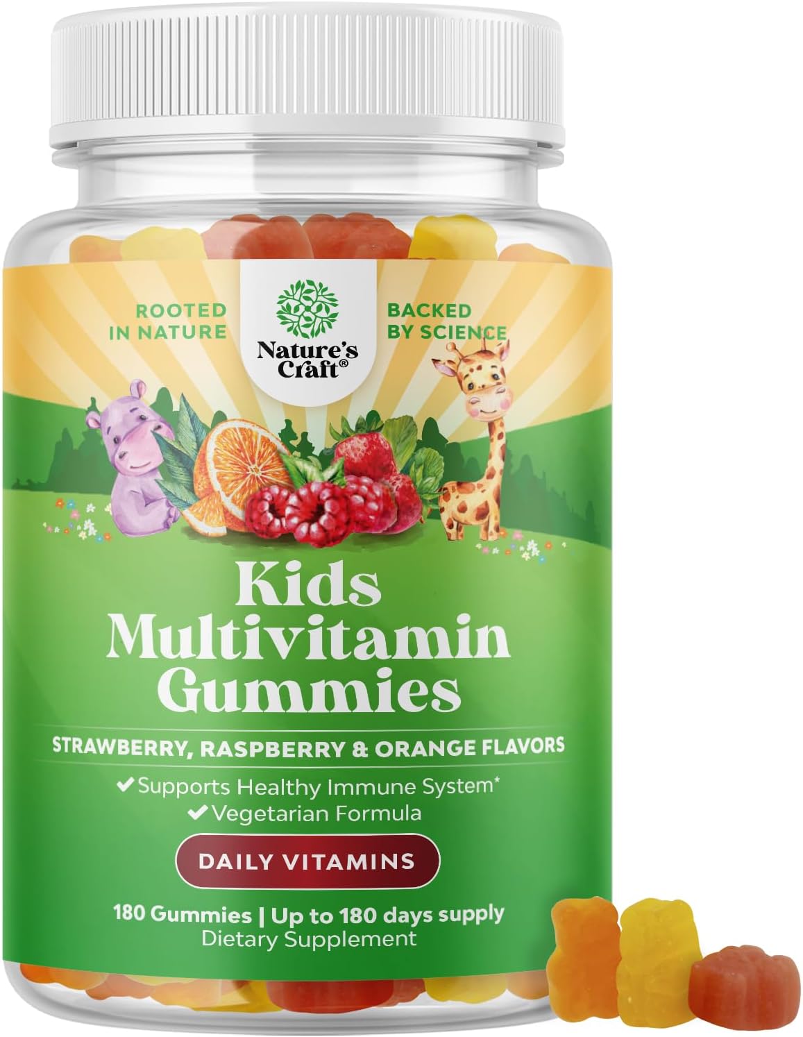 Natures Craft Kids Plant-Based Multivitamin Gummies - Immunity Support with Vitamins A, C, D3, E, B, Zinc - 180ct Gluten-Free Non-GMO Formula