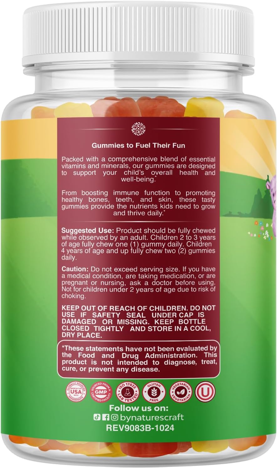 Natures Craft Kids Plant-Based Multivitamin Gummies - Immunity Support with Vitamins A, C, D3, E, B, Zinc - 180ct Gluten-Free Non-GMO Formula