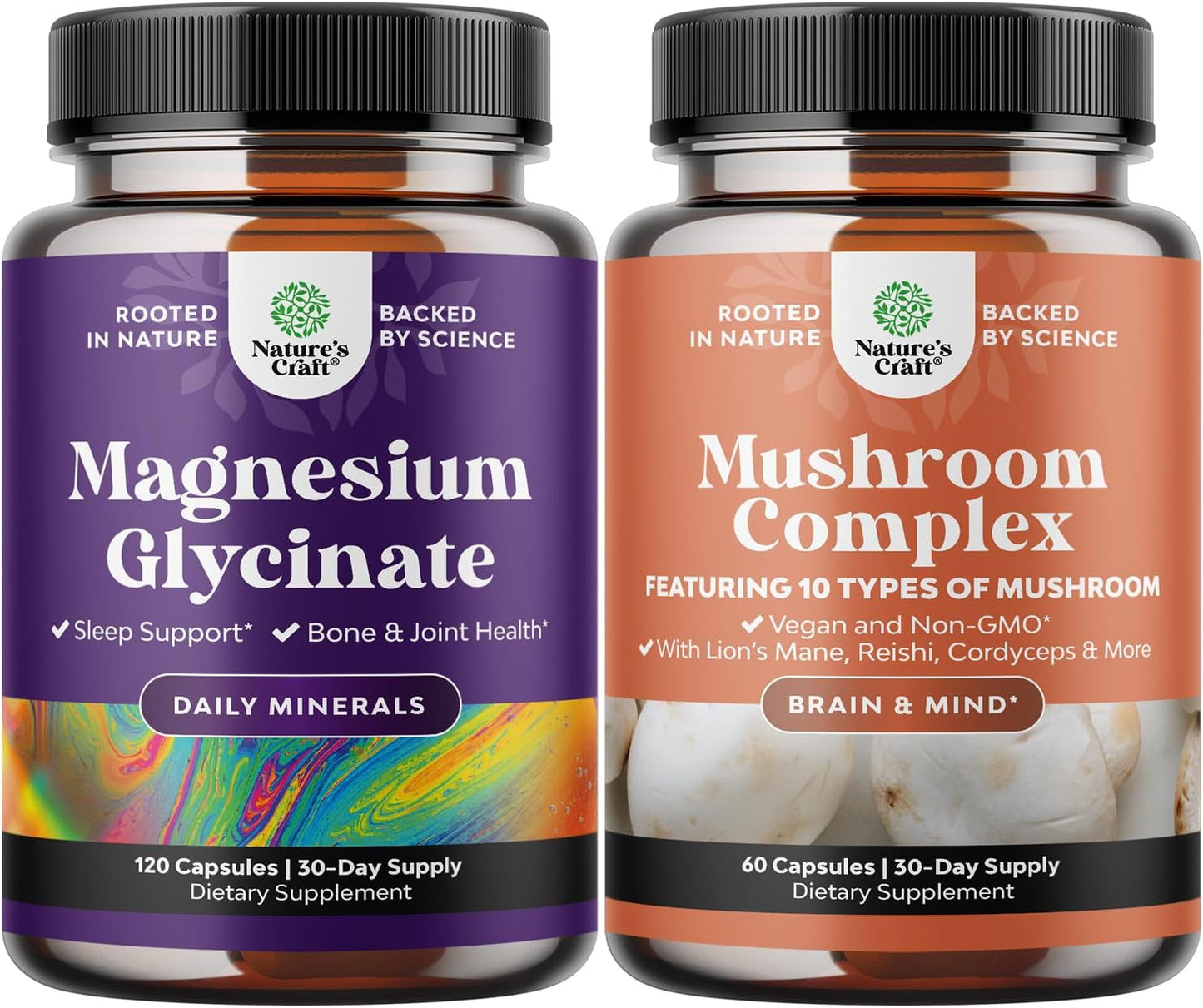 Natures Craft Magnesium Glycinate Capsules with Brain Focus Mushroom Blend - Immune and Bone Health Support with Mood and Sugar Balance Benefits