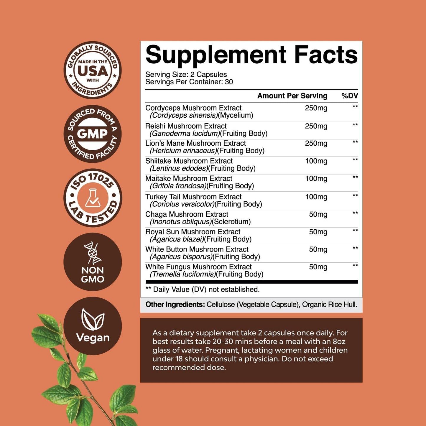 Natures Craft Magnesium Glycinate Capsules with Brain Focus Mushroom Blend - Immune and Bone Health Support with Mood and Sugar Balance Benefits