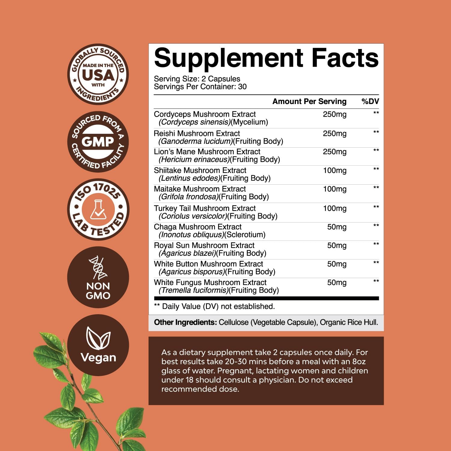 Natures Craft Magnesium Glycinate Capsules with Brain Focus Mushroom Blend - Immune and Bone Health Support with Mood and Sugar Balance Benefits