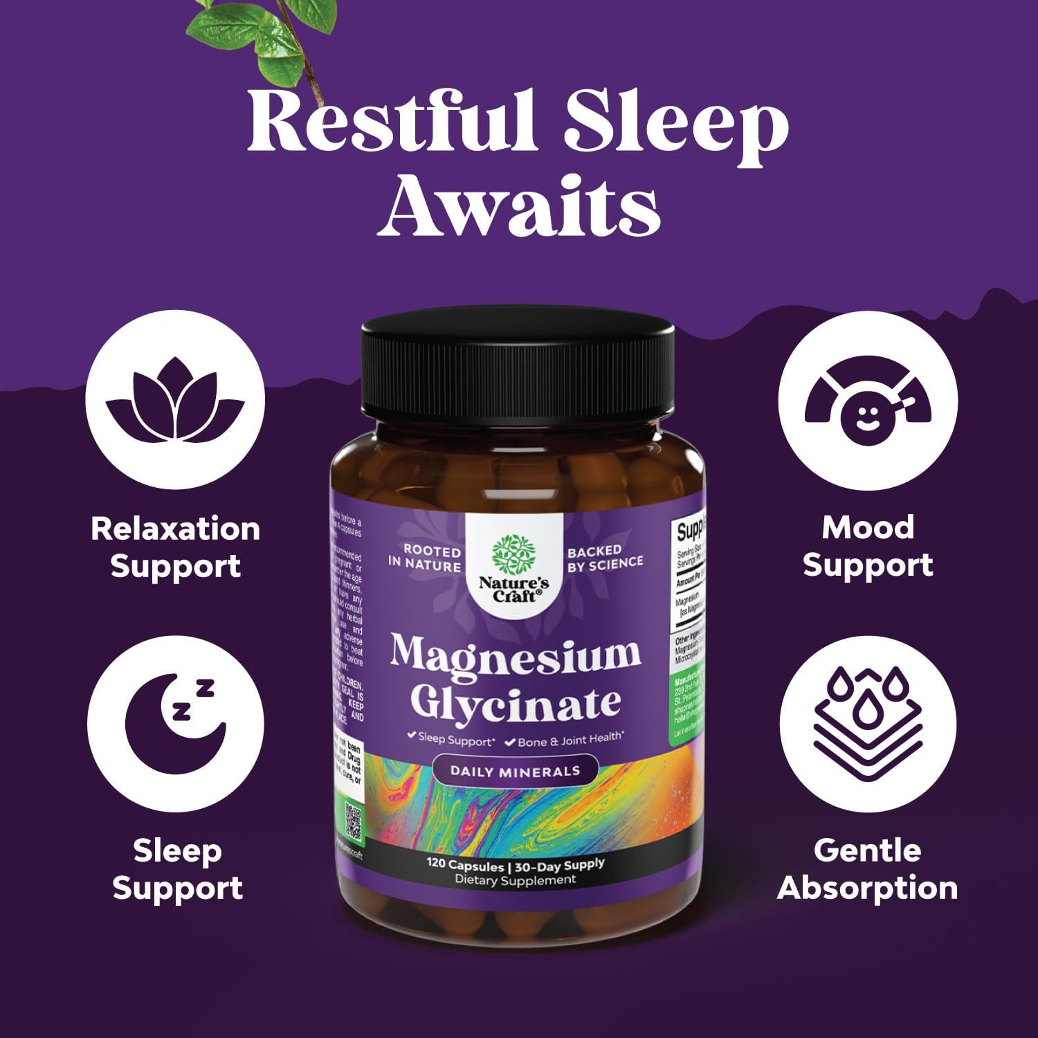 Natures Craft Magnesium Glycinate Capsules with Brain Focus Mushroom Blend - Immune and Bone Health Support with Mood and Sugar Balance Benefits