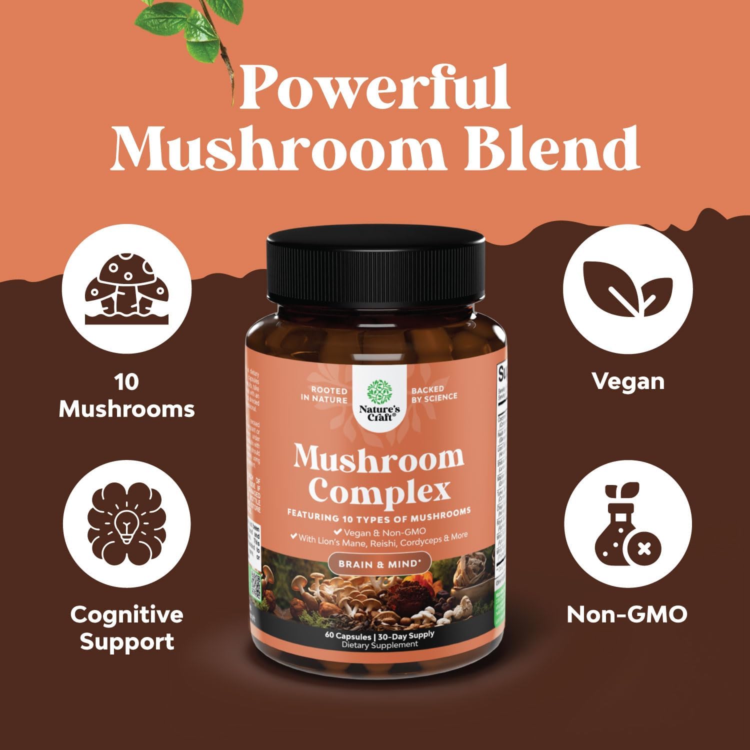 Natures Craft Magnesium Glycinate Capsules with Brain Focus Mushroom Blend - Immune and Bone Health Support with Mood and Sugar Balance Benefits