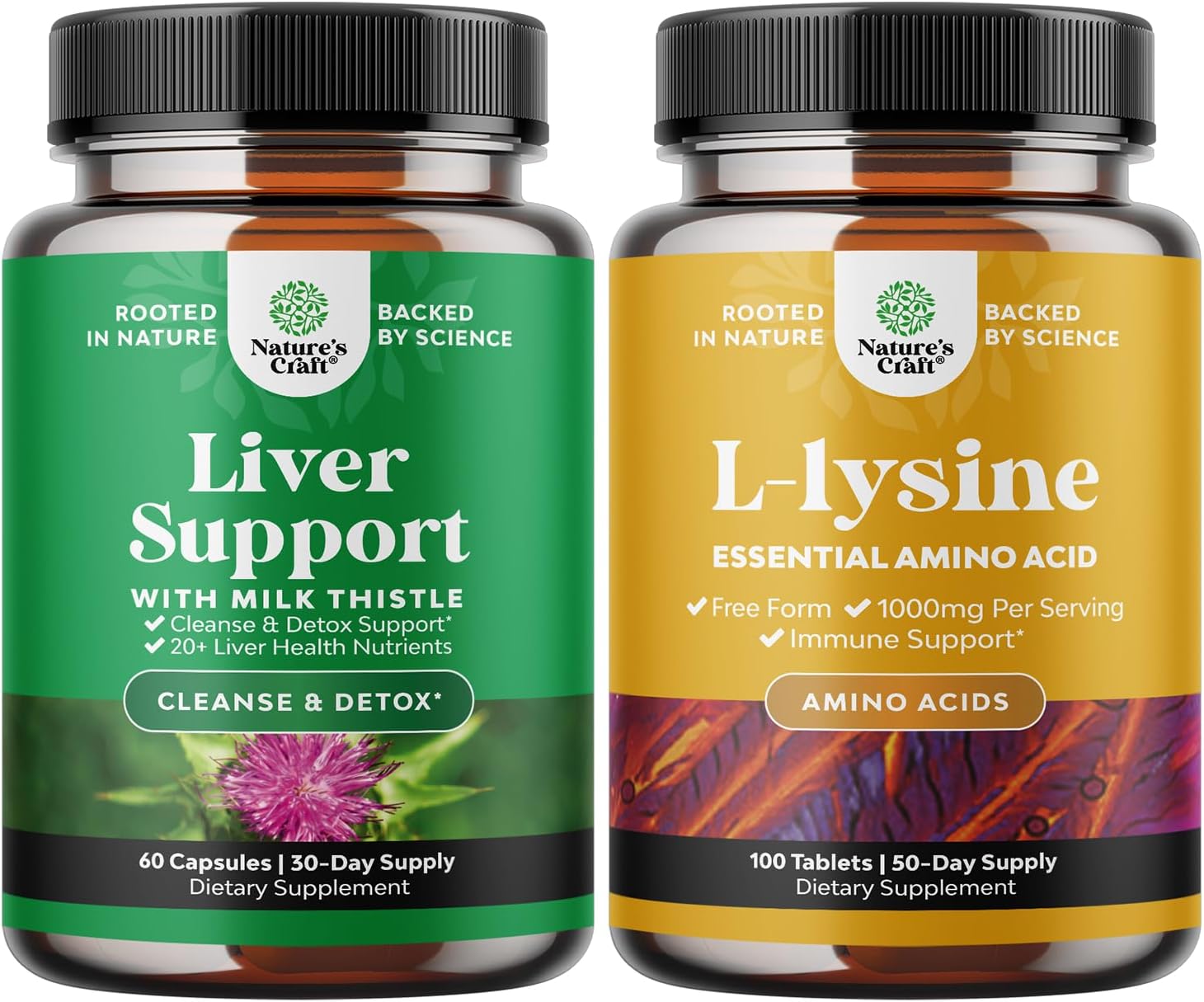 Natures Craft Milk Thistle Liver Support and L-Lysine 1000mg Bundle - Herbal Liver Supplement with Silymarin and Essential Amino Acids
