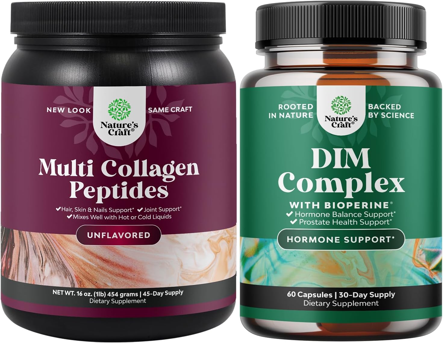 Natures Craft Multi Collagen Protein Powder Bundle for Hair, Skin, Nails, Vitamins, DIM Complex, Hormone Balance - Men and Women's Supplement