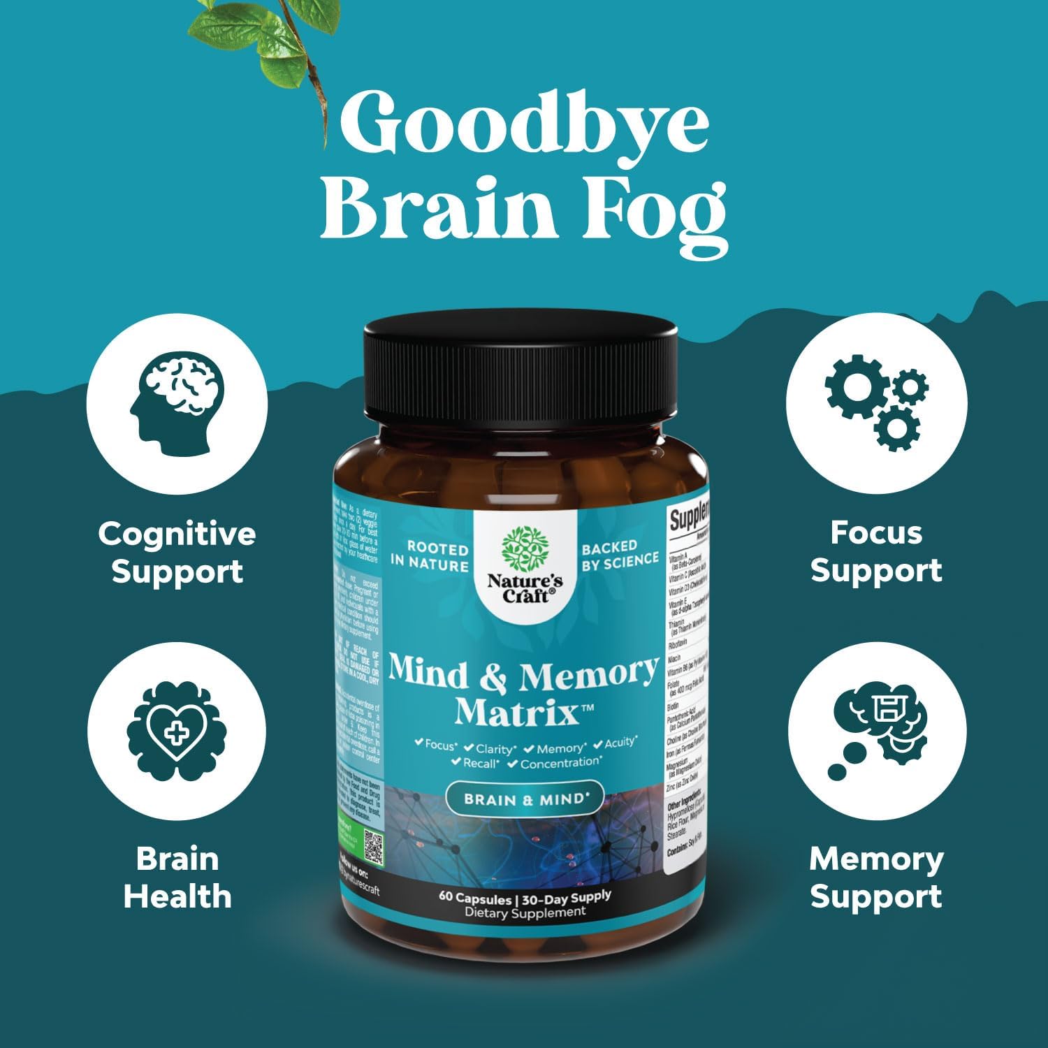 Natures Craft Phytoral Mind and Memory Supplement with Green Tea Extract and Vitamins - 60 Capsules for Brain Function and Mental Clarity