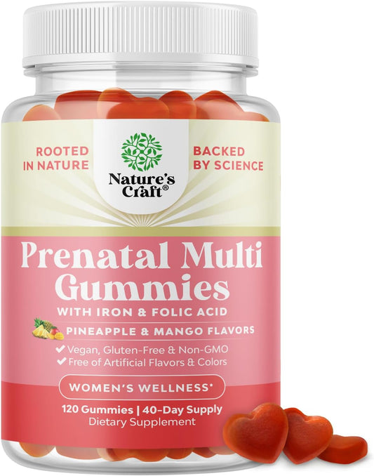 Natures Craft Vegan Prenatal Gummies - Women's Chewable Vitamins with Iron, Folic Acid & Superfruit Blend - Pineapple Mango Flavor, 40 Day Supply