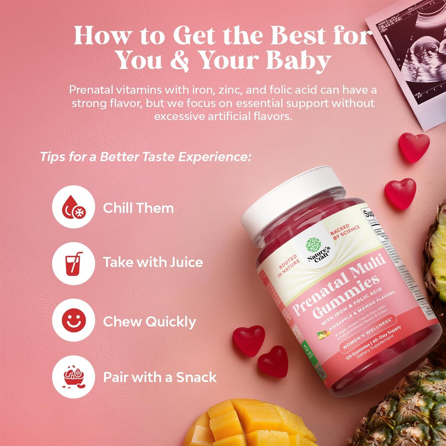 Natures Craft Vegan Prenatal Gummies - Women's Chewable Vitamins with Iron, Folic Acid & Superfruit Blend - Pineapple Mango Flavor, 40 Day Supply