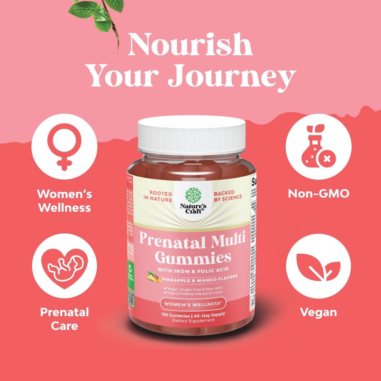 Natures Craft Vegan Prenatal Gummies - Women's Chewable Vitamins with Iron, Folic Acid & Superfruit Blend - Pineapple Mango Flavor, 40 Day Supply