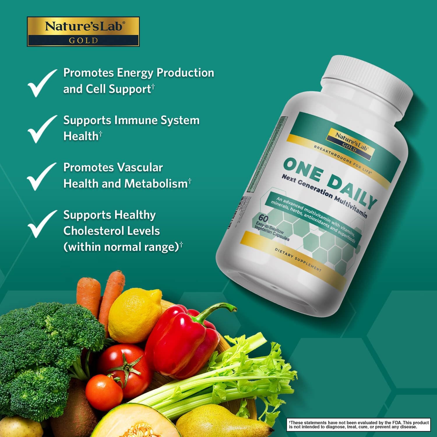 Nature's Lab Gold One Daily Multivitamin - 19 Essential Vitamins & Minerals with Vitamin C, D3, Zinc - 60 Capsules