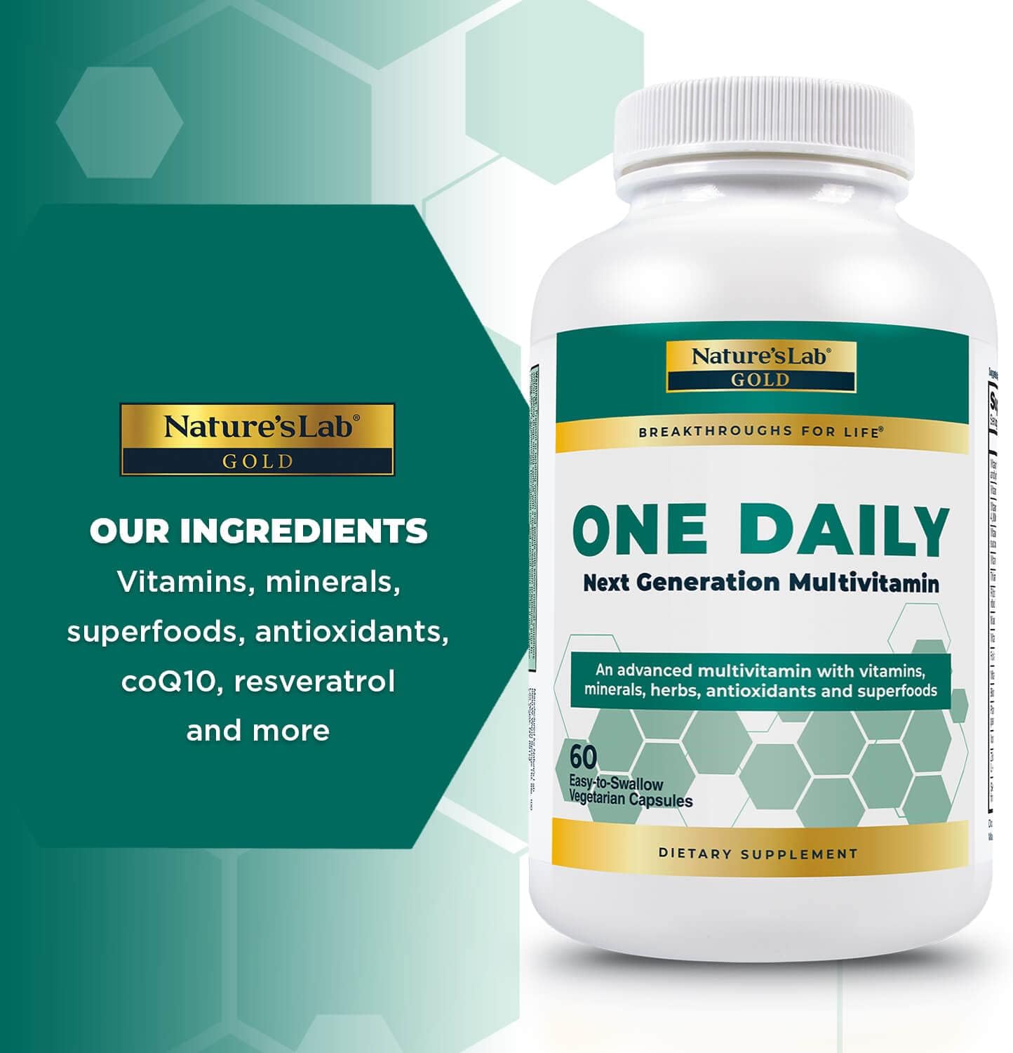 Nature's Lab Gold One Daily Multivitamin - 19 Essential Vitamins & Minerals with Vitamin C, D3, Zinc - 60 Capsules