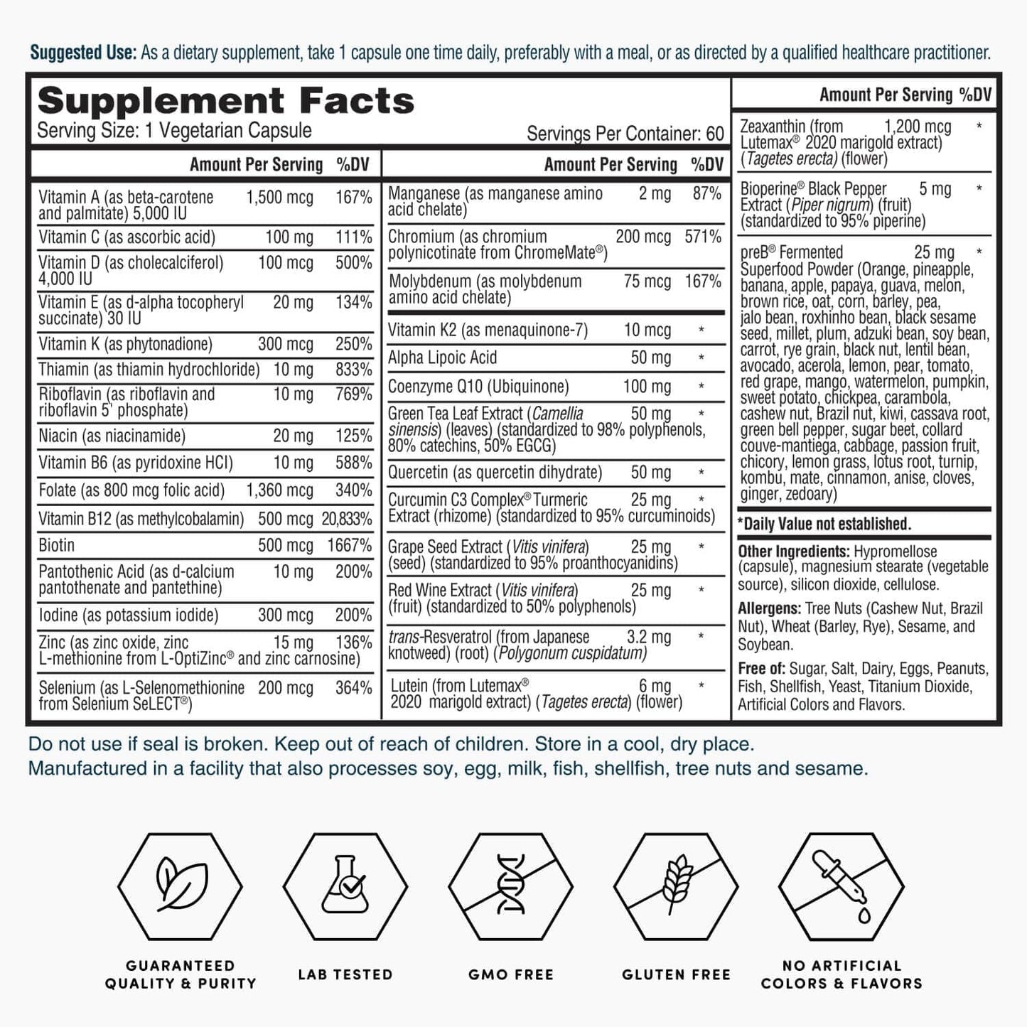 Nature's Lab Gold One Daily Multivitamin - 19 Essential Vitamins & Minerals with Vitamin C, D3, Zinc - 60 Capsules