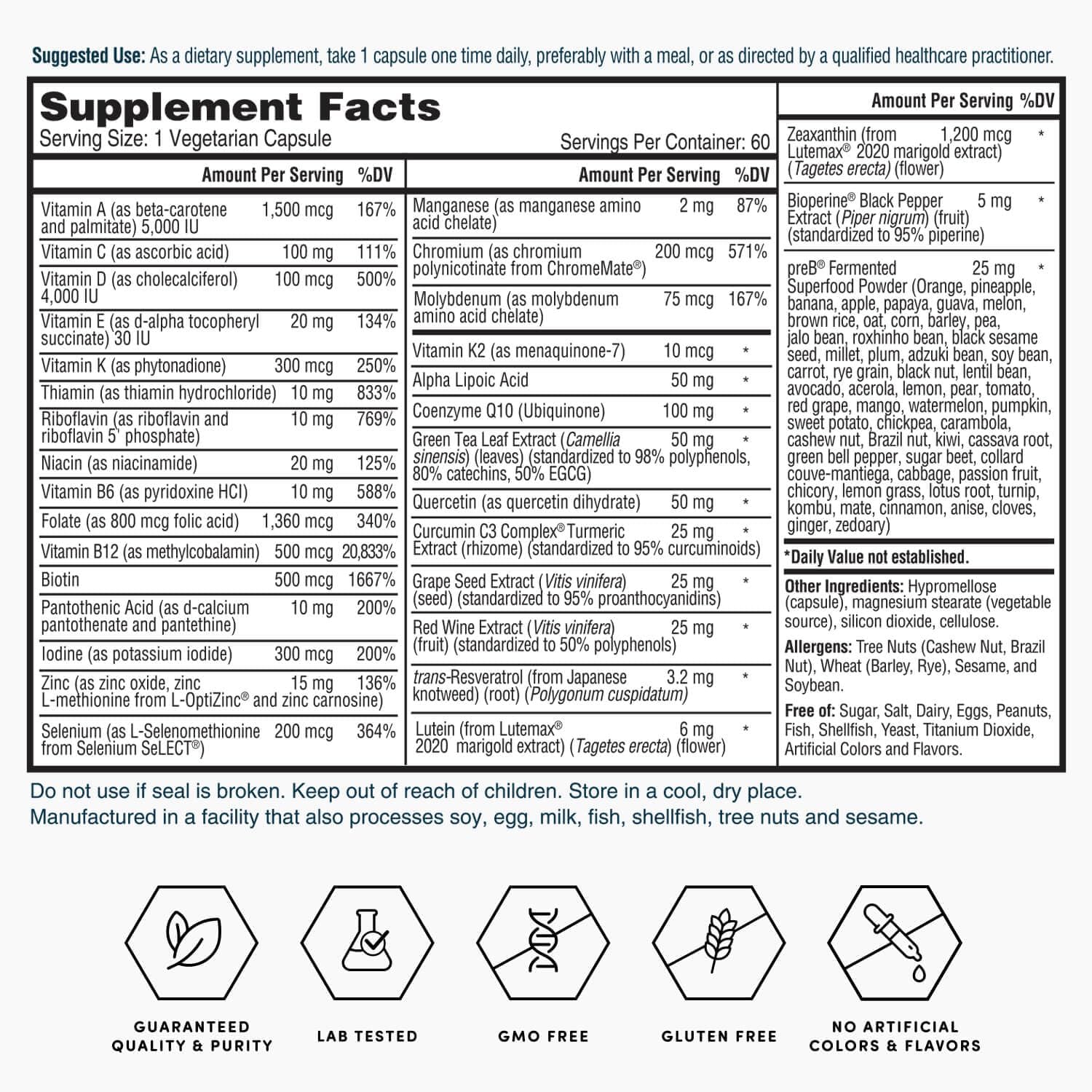 Nature's Lab Gold One Daily Multivitamin - 19 Essential Vitamins & Minerals with Vitamin C, D3, Zinc - 60 Capsules