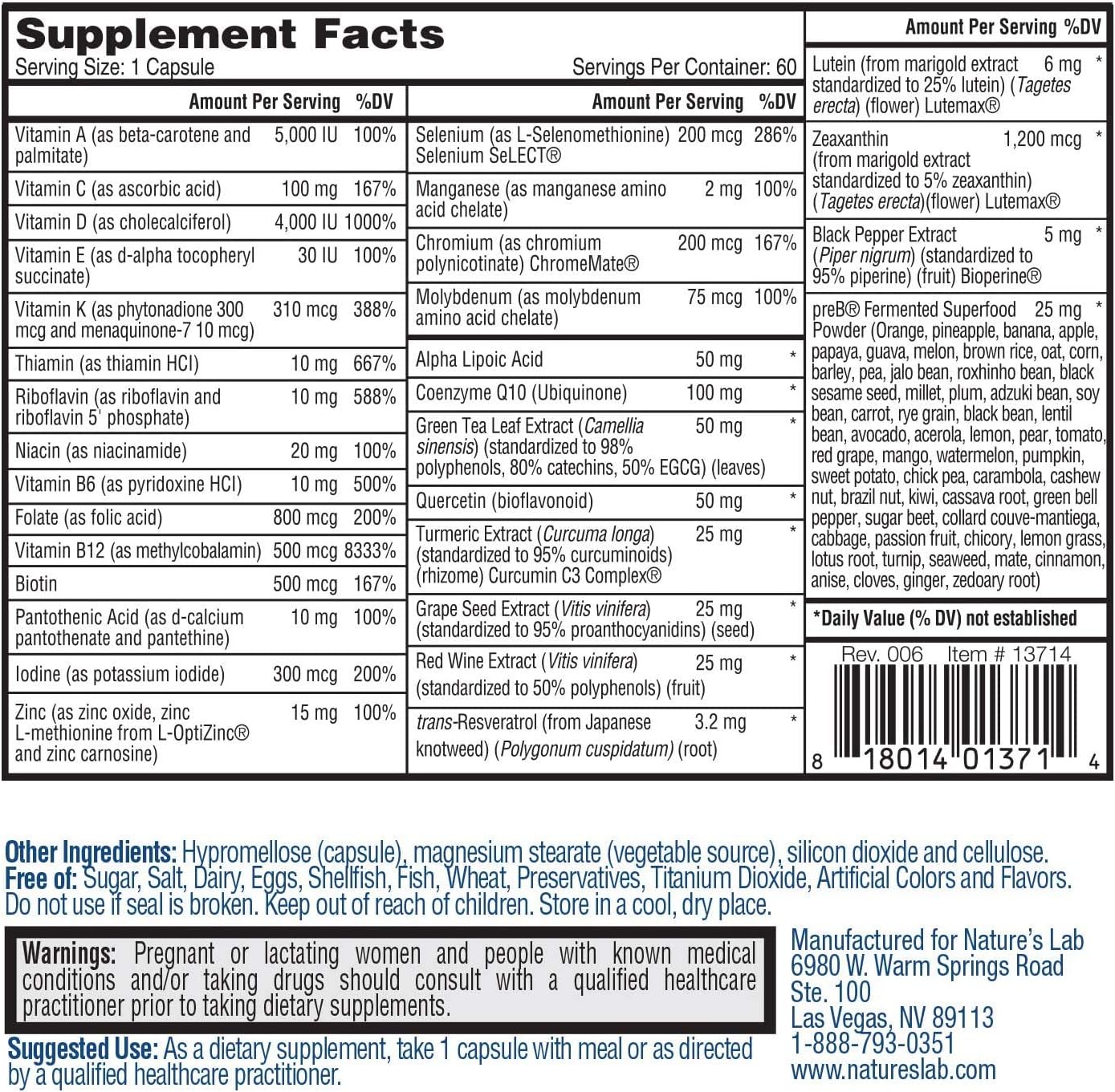 Nature's Lab Gold One Daily Multivitamin with Magnesium Glycinate Supplement - 30 Capsules