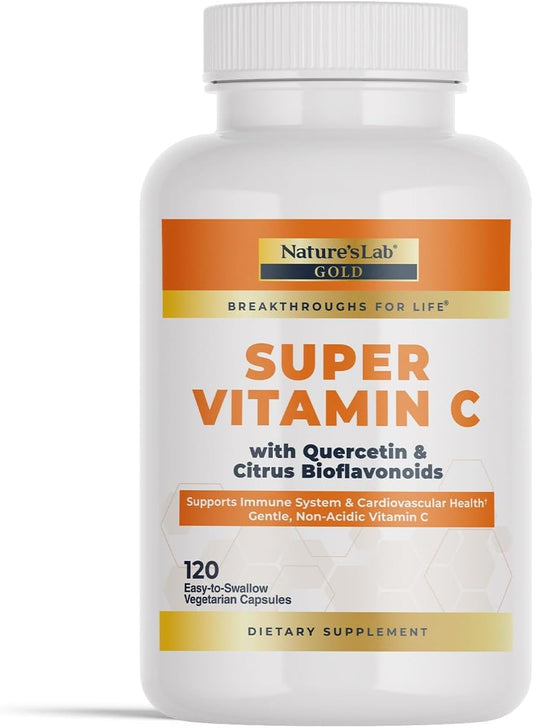 Nature's Lab Gold Super Vitamin C 1000mg Capsules with Bioflavonoids Complex & Quercetin for Immune Support - Non-Acidic, Non-GMO, Gluten Free, Vegan - 120 Count