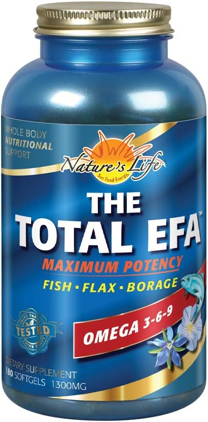 Nature's Life Total EFA Maximum Potency Pure Fish Oil with Flaxseed & Borage Oils - 180ct, 1200mg - Skin, Hair, Heart, Memory