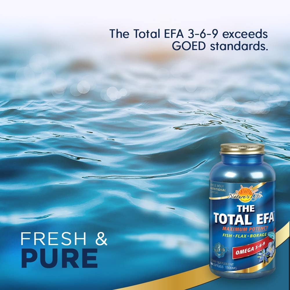 Nature's Life Total EFA Maximum Potency Pure Fish Oil with Flaxseed & Borage Oils - 180ct, 1200mg - Skin, Hair, Heart, Memory