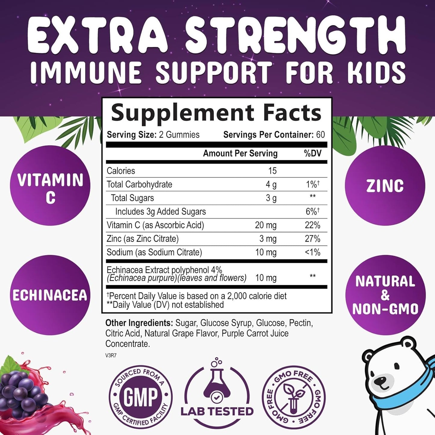 Nature's Nutrition Kids Immune Support Gummy - Vitamin C, Zinc & Echinacea - Vegan & Non-GMO - 120 Gummies for Children Ages 4+ - Natural Berry Flavor