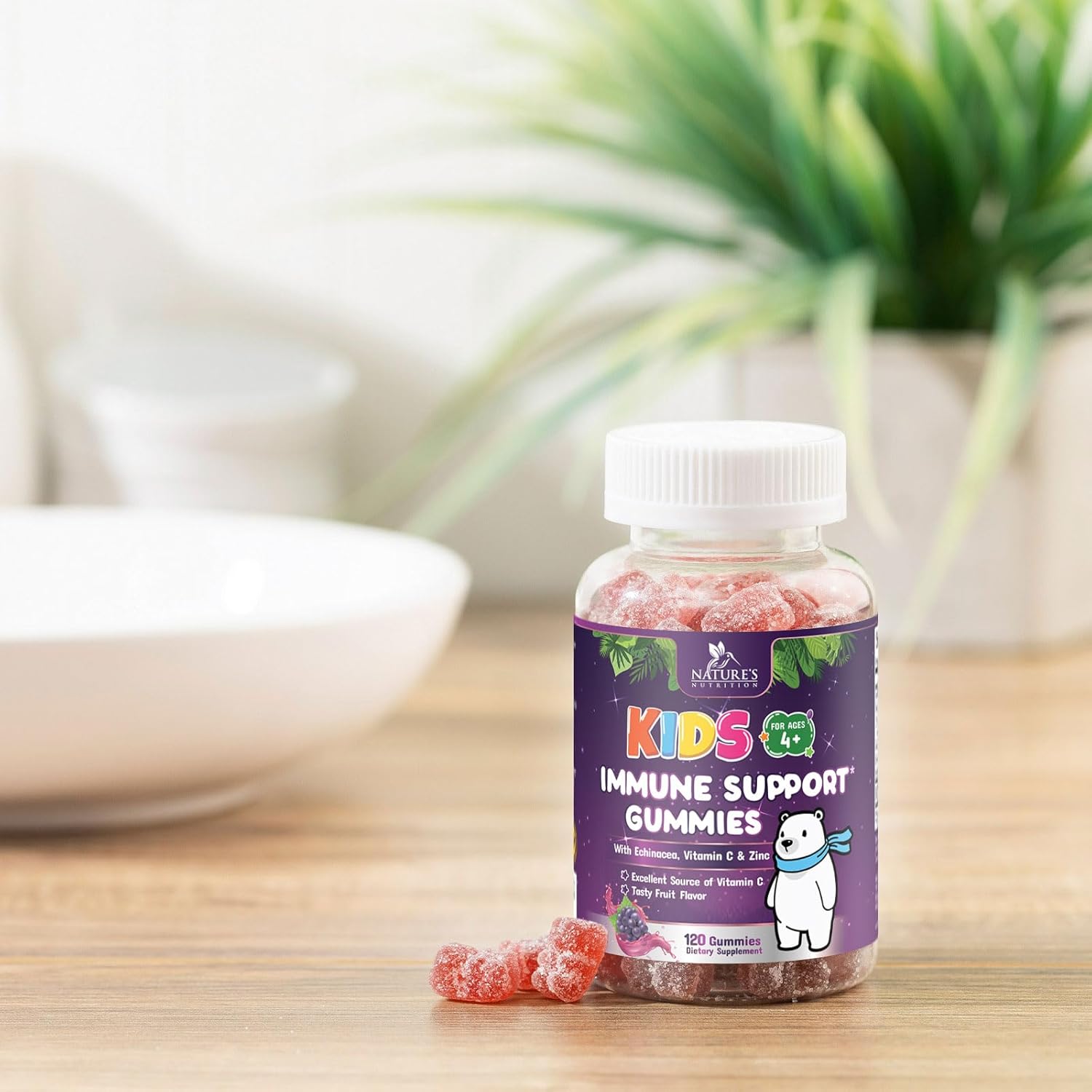 Nature's Nutrition Kids Immune Support Gummy - Vitamin C, Zinc & Echinacea - Vegan & Non-GMO - 120 Gummies for Children Ages 4+ - Natural Berry Flavor
