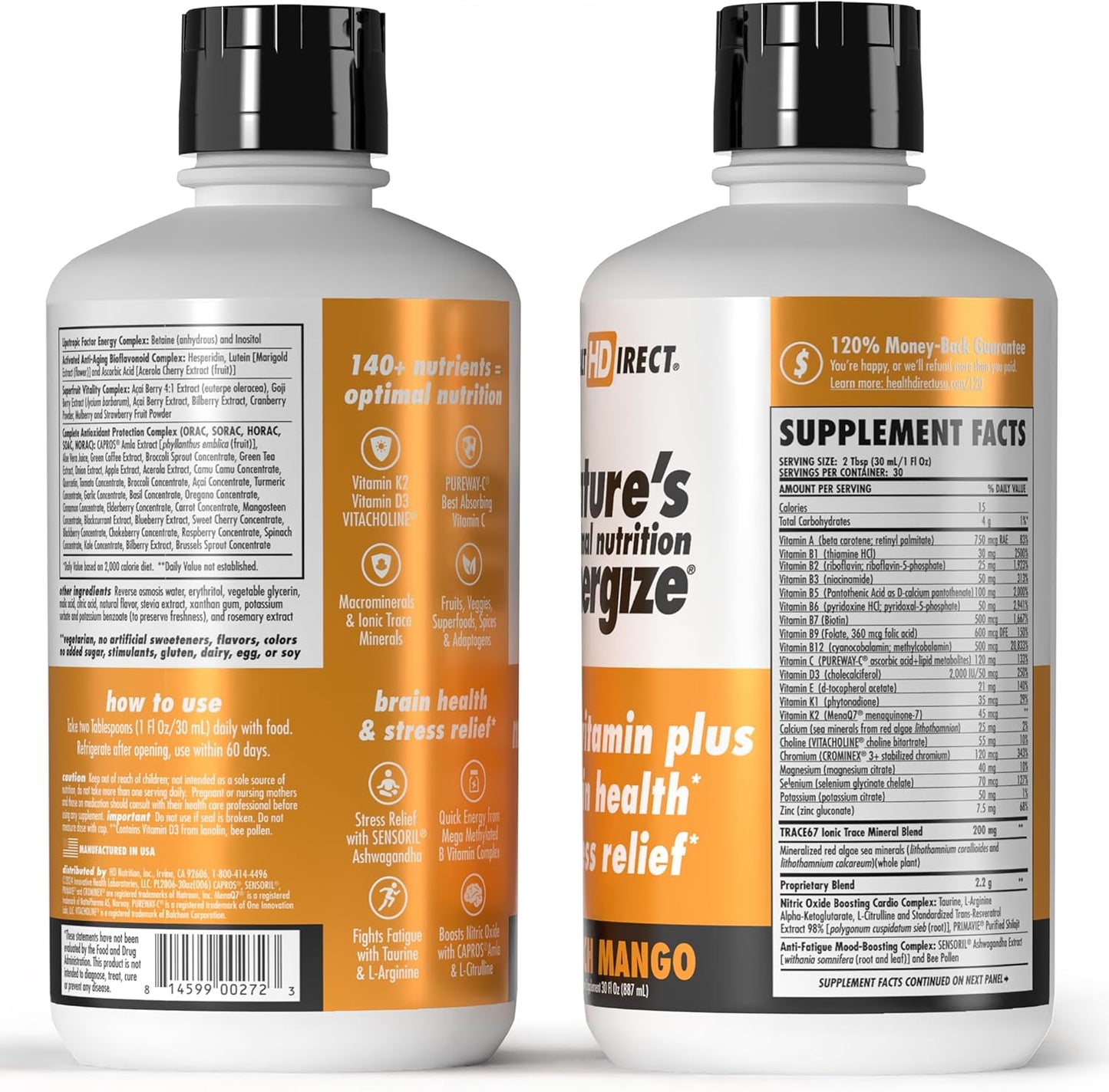 Nature's Optimal Nutrition Energize Liquid Multivitamin Superfood with 140+ Nutrients for Mental Clarity, Energy, Immune & Cardiovascular Support - Peach Mango Flavor - 30 Servings