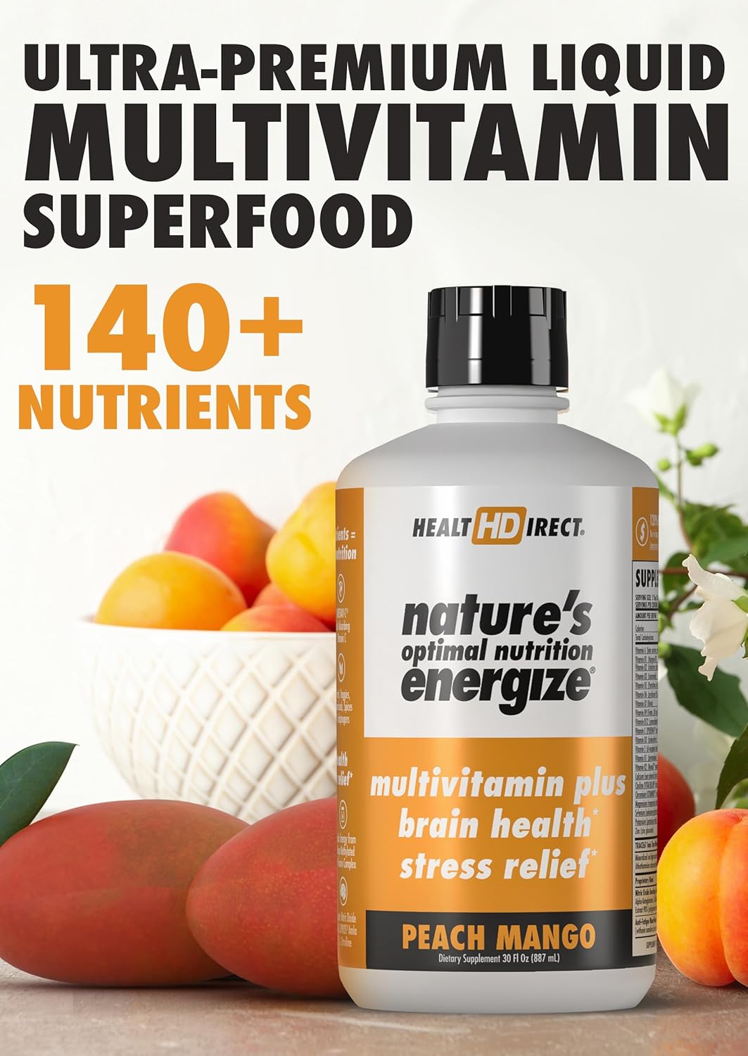 Nature's Optimal Nutrition Energize Liquid Multivitamin Superfood with 140+ Nutrients for Mental Clarity, Energy, Immune & Cardiovascular Support - Peach Mango Flavor - 30 Servings
