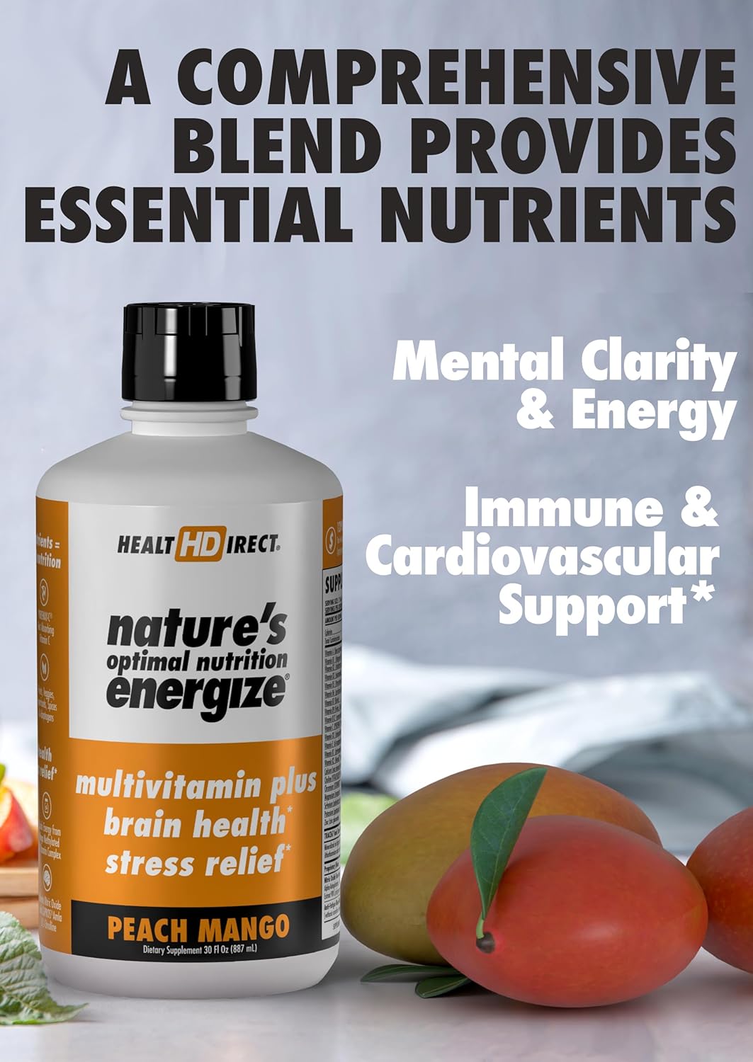 Nature's Optimal Nutrition Energize Liquid Multivitamin Superfood with 140+ Nutrients for Mental Clarity, Energy, Immune & Cardiovascular Support - Peach Mango Flavor - 30 Servings