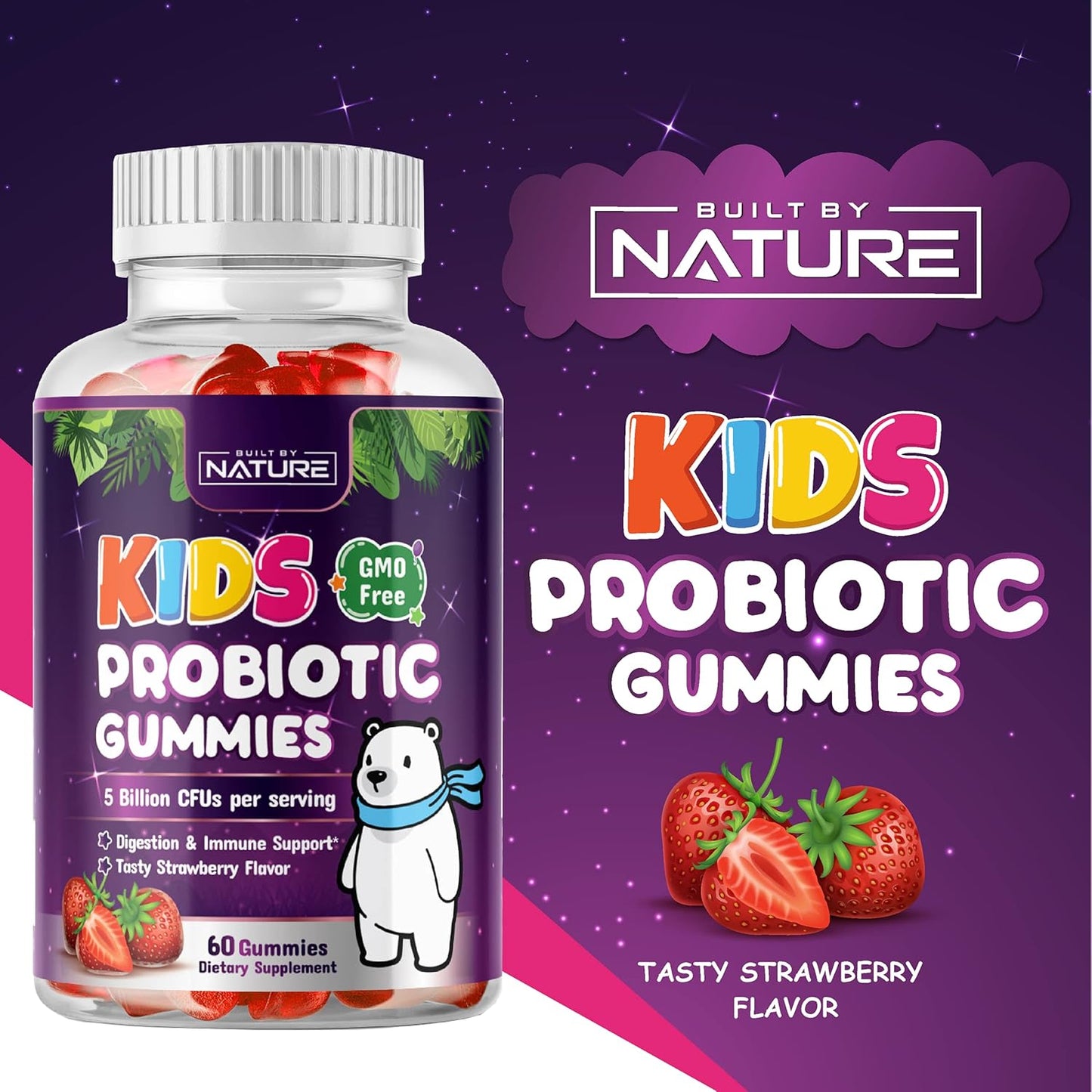 Nature's Own Kids Probiotic Gummies - 6 Strains for Digestive & Immune Health - Chewable Supplement - 60 Gummies