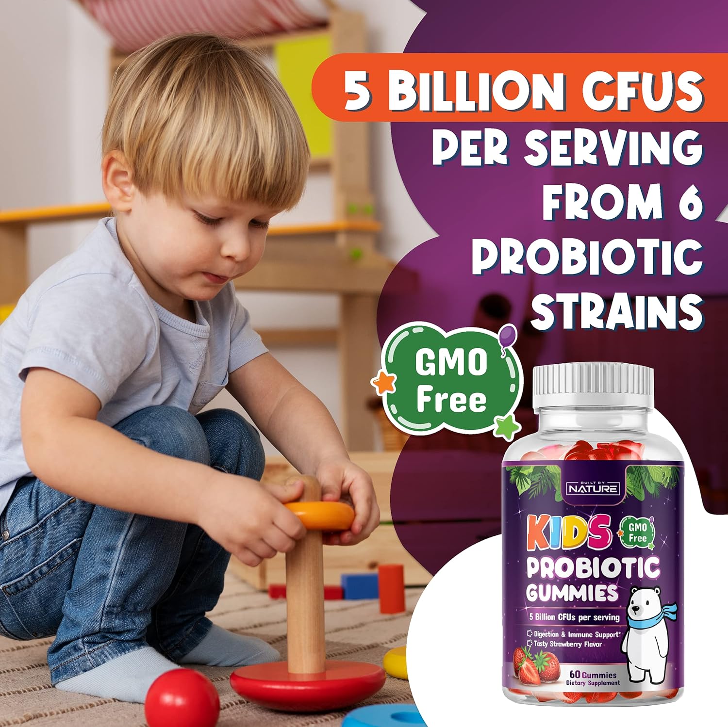 Nature's Own Kids Probiotic Gummies - 6 Strains for Digestive & Immune Health - Chewable Supplement - 60 Gummies
