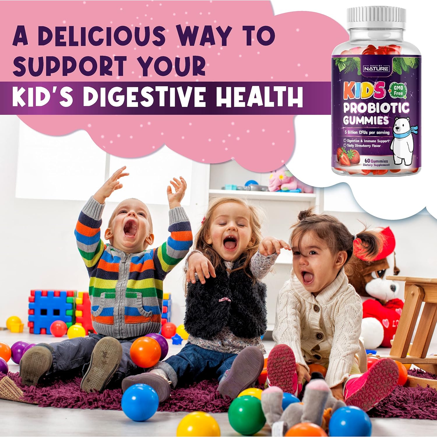 Nature's Own Kids Probiotic Gummies - 6 Strains for Digestive & Immune Health - Chewable Supplement - 60 Gummies