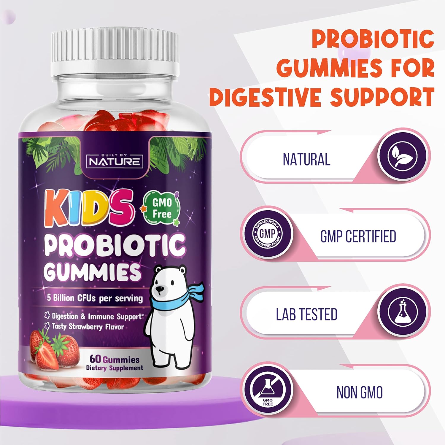 Nature's Own Kids Probiotic Gummies - 6 Strains for Digestive & Immune Health - Chewable Supplement - 60 Gummies