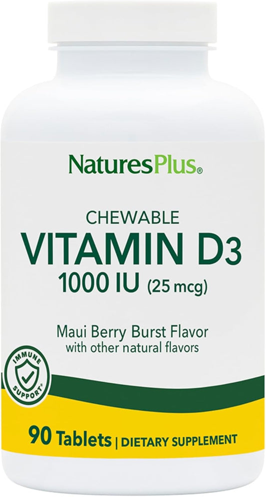 Natures Plus Adult's Chewable Vitamin D3 1000 IU - Maui Berry Burst Flavor 90 Count - Natural Supplement for Adults