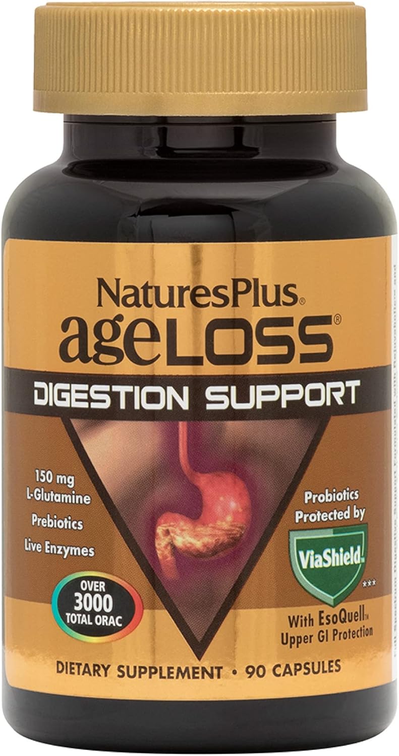 Natures Plus AgeLoss Digestion Support Capsules - Prebiotics, Enzymes, L-Glutamine - 90 Count - Gluten Free - 30 Servings