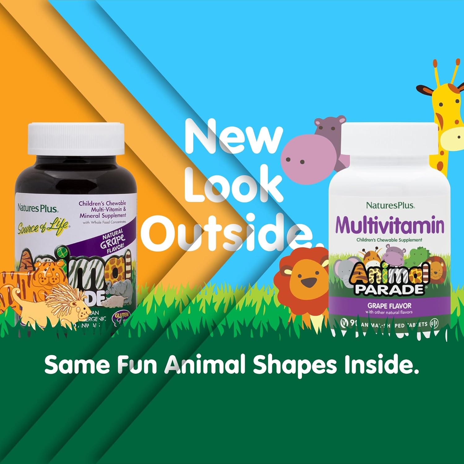 Natures Plus Animal Parade Children's Chewable Multivitamin - Grape Flavor - 90 Animal-Shaped Tablets - Vegetarian & Gluten-Free - Supports Health & Wellness - 45 Servings