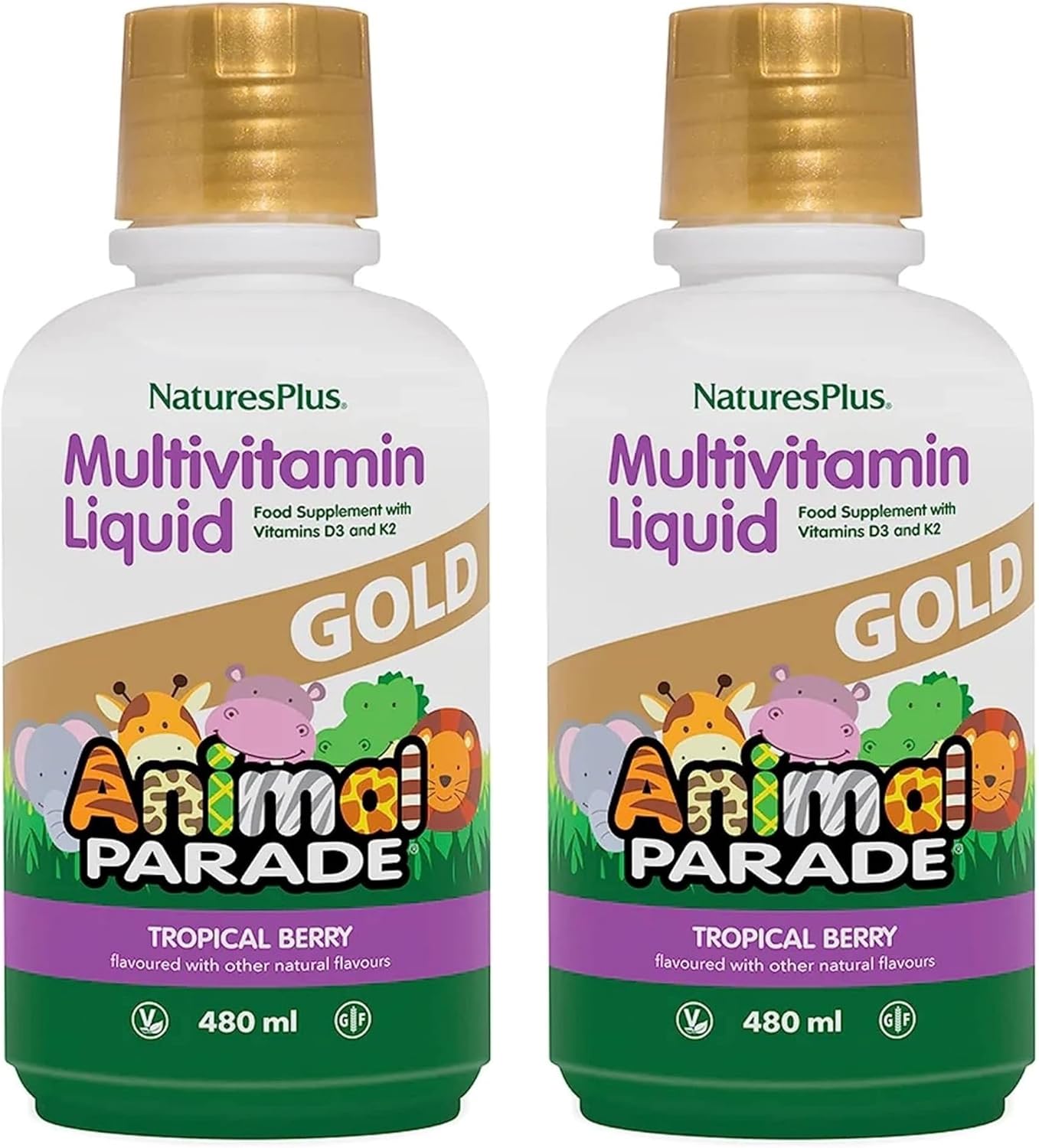 Natures Plus Animal Parade Gold Children's Liquid Multivitamin 32 fl oz - 2 Pack - Tropical Berry - Gluten Free, Vegan - 64 Servings