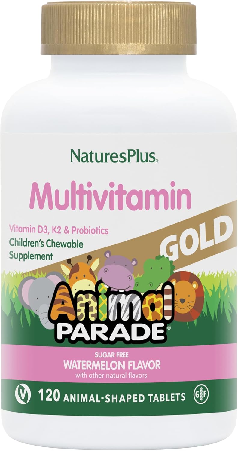 Natures Plus Animal Parade Gold Children's Multivitamin Chewables - Watermelon Flavor - 240 Animal-Shaped Tablets - Vegan, Gluten Free - Vitamin D3, K2, Probiotics included