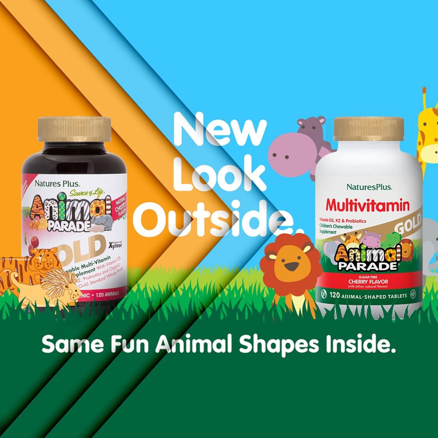 Natures Plus Animal Parade Gold Kids Chewable Multivitamin - Cherry Flavor - 60 Animal-Shaped Tablets - Vitamin D3, K2, Probiotics - Vegetarian & Gluten-Free - 120 Servings