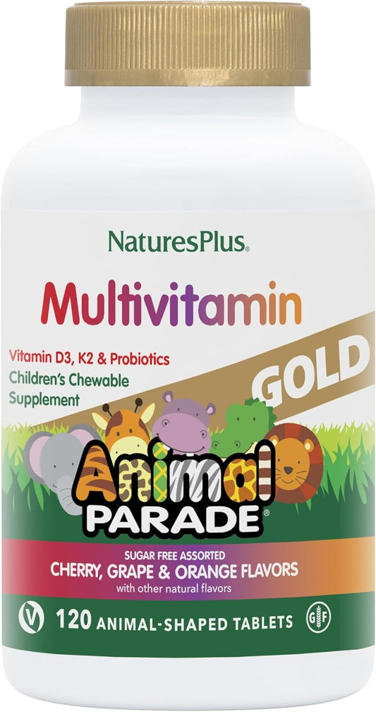 Natures Plus Animal Parade Gold Kids Multivitamin Chewables - Cherry, Orange & Grape Flavors - 120 Tablets - Vegetarian, Gluten-Free - 60 Servings