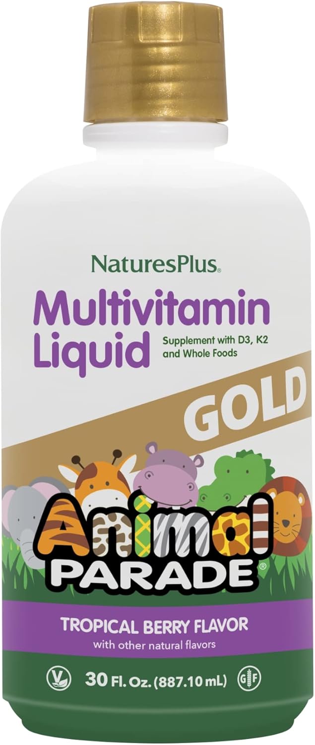 Natures Plus Animal Parade Source of Life Gold Children's Liquid Multivitamin - Tropical Berry Flavor - Immune Support - Organic Whole Foods - Gluten-Free Vegan - 60 Servings