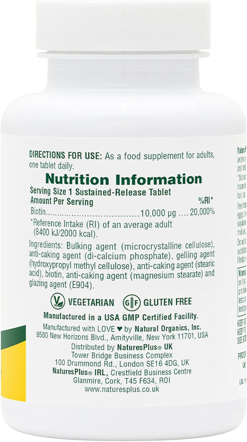 Natures Plus Biotin 10mg Tablets - 90 Count Bottle