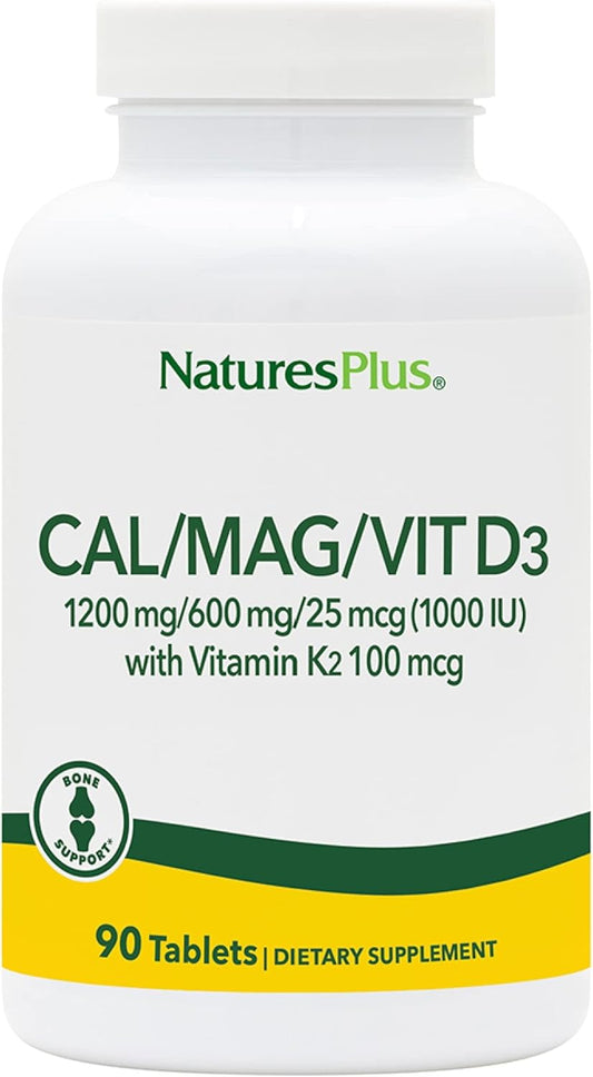 Natures Plus Calcium Magnesium Vitamin D3 K2 Tablets - Bone & Immune Health Support - Vegetarian Gluten Free - 90 Tabs - 22.5 Servings