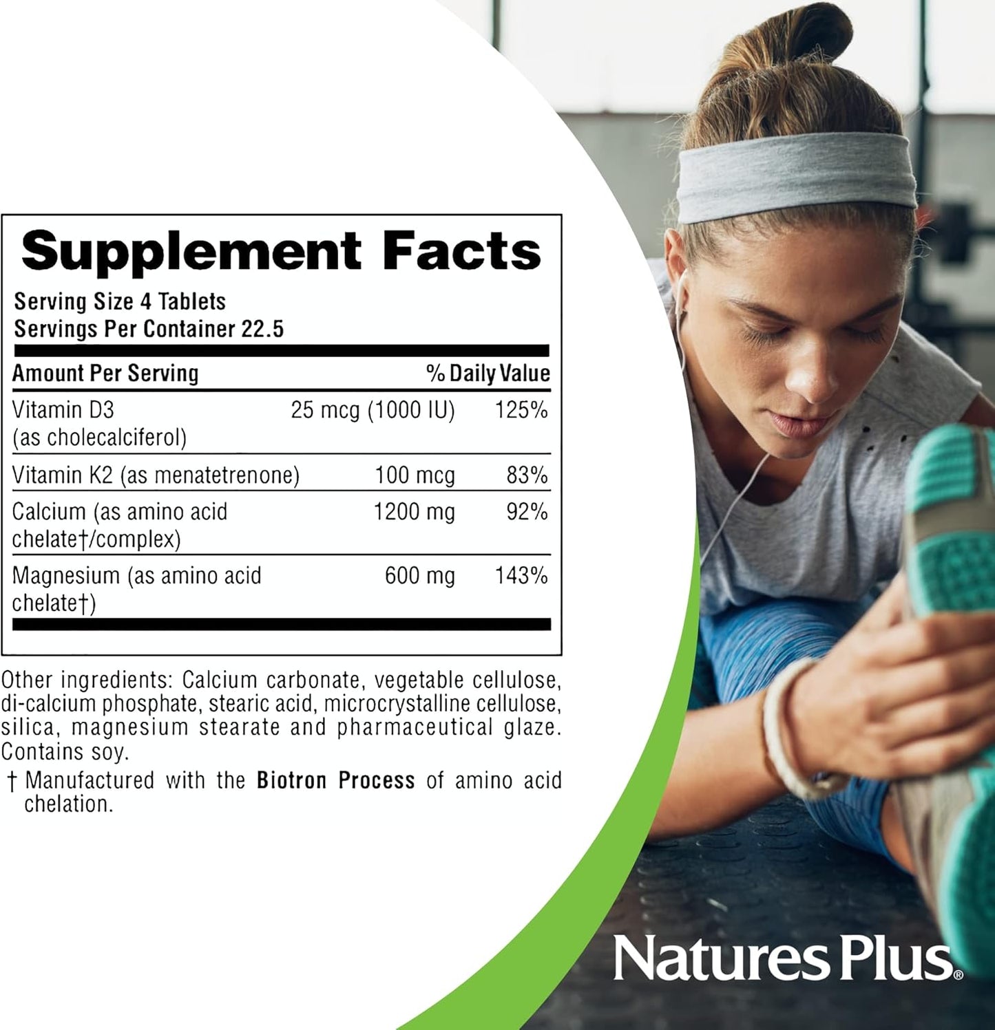 Natures Plus Calcium Magnesium Vitamin D3 K2 Tablets - Bone & Immune Health Support - Vegetarian Gluten Free - 90 Tabs - 22.5 Servings