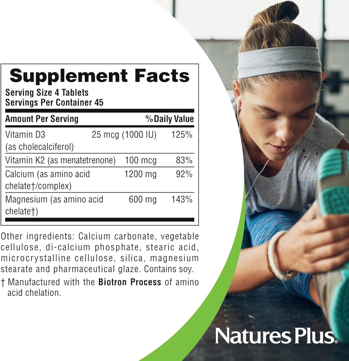 Natures Plus Calcium/Magnesium/Vitamin D3 with Vitamin K2 - Bone & Immune Health - Vegetarian - 180 Tablets