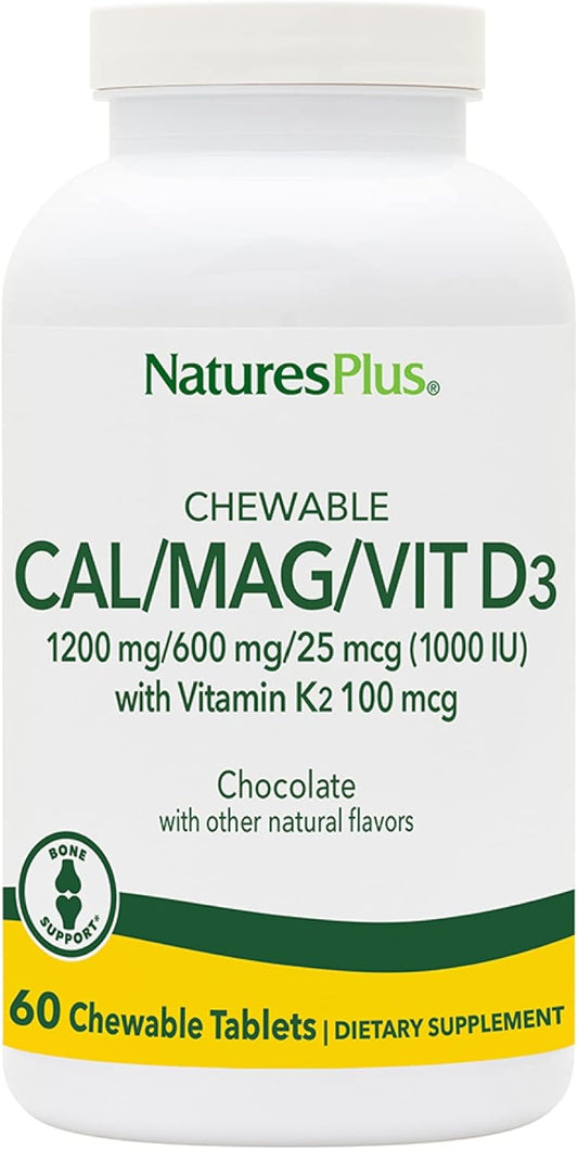 Natures Plus Cal/Mag/VIT D3 with Vitamin K2 Chewable Tablets - Chocolate Flavor - Bone Health Support Supplement - 30 Servings