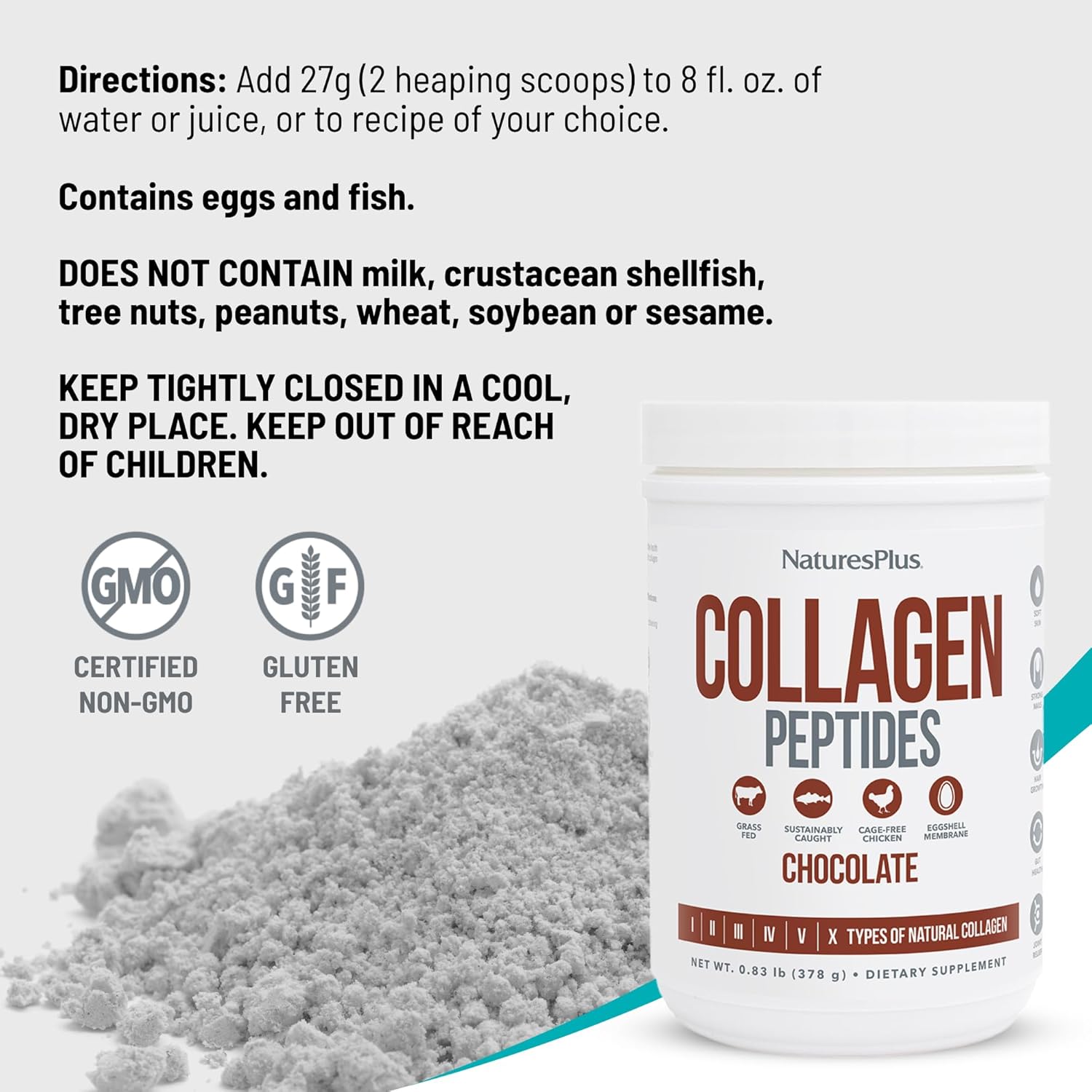 Natures Plus Chocolate Collagen Peptides Powder - 0.83 lb - Hair, Skin, Nail, Joint Health - Immune Support - Non-GMO, Gluten-Free - 14 Servings